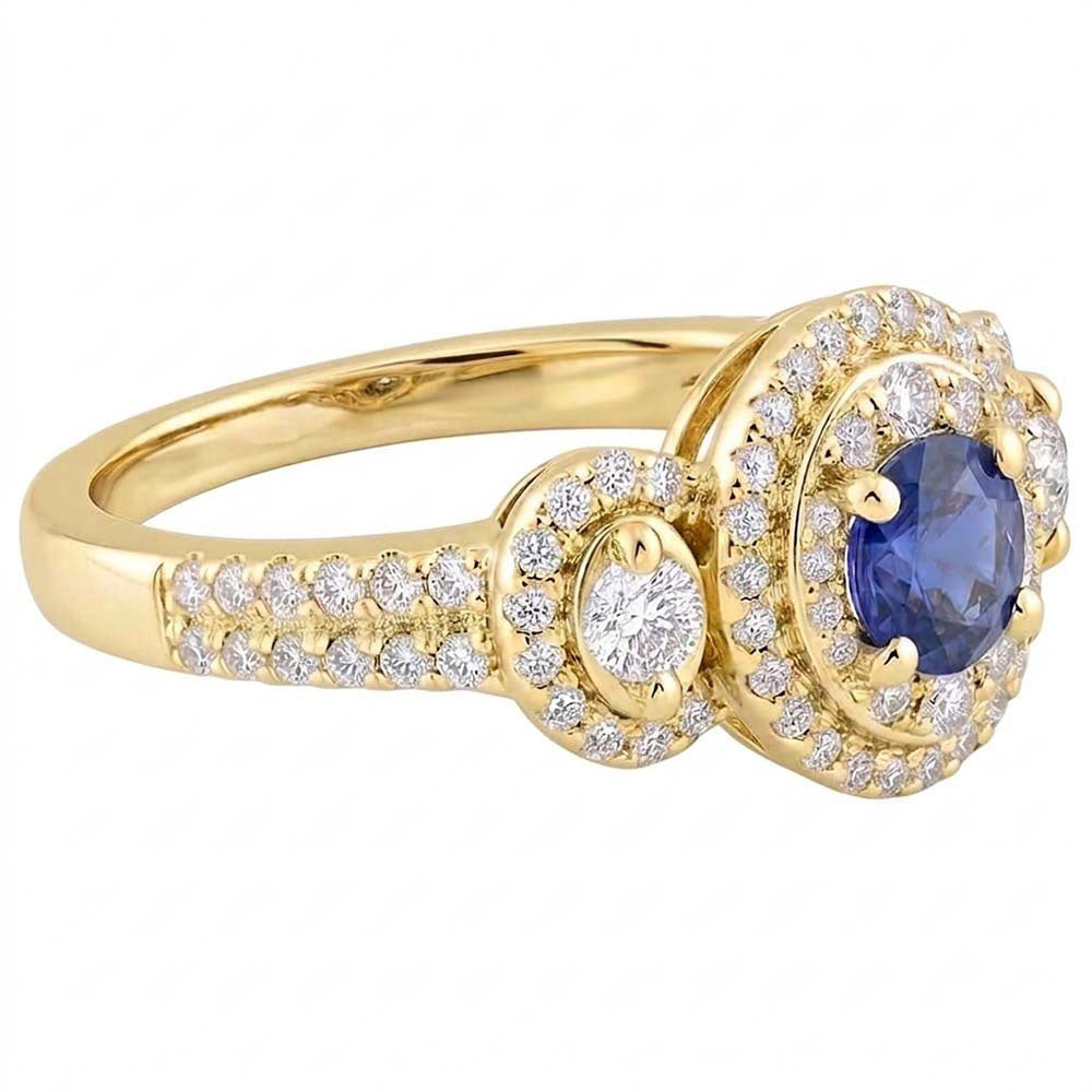 Double Halo Round Sapphire Ring Pave Set Natural Earth Mined Diamonds 4.50 Carats