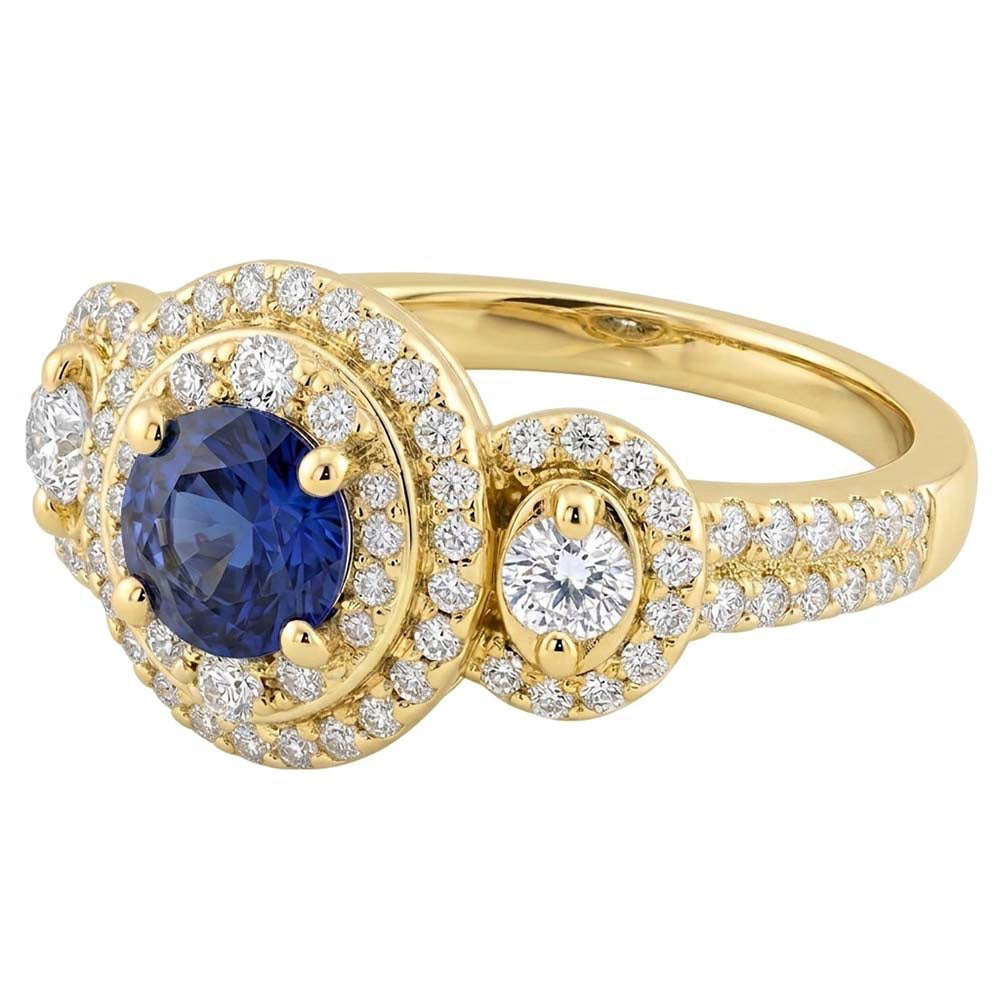 Double Halo Round Sapphire Ring Pave Set Natural Earth Mined Diamonds 4.50 Carats