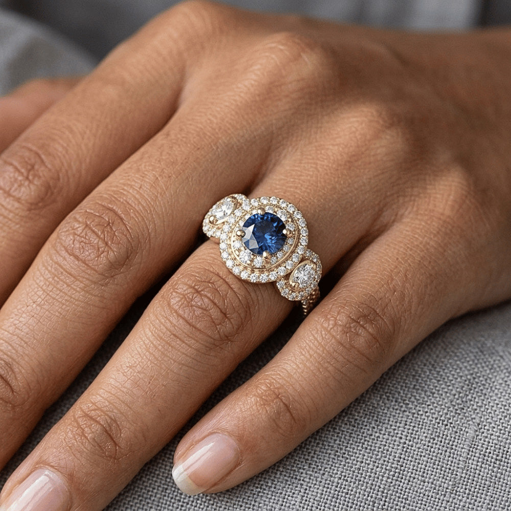 Double Halo Round Sapphire Ring Pave Set Natural Earth Mined Diamonds 4.50 Carats