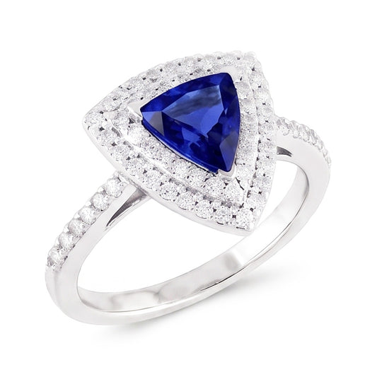Double Halo Trillion Blue Sapphire Ring 2 Carats Accented Natural Earth Mined Diamonds