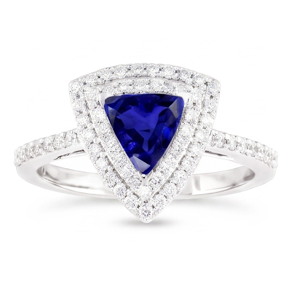 Double Halo Trillion Blue Sapphire Ring 2 Carats Accented Natural Earth Mined Diamonds