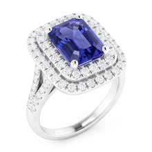 Double Halo Wedding Ring Emerald Blue Sapphire & Natural Earth Mined Diamonds 4 Carats