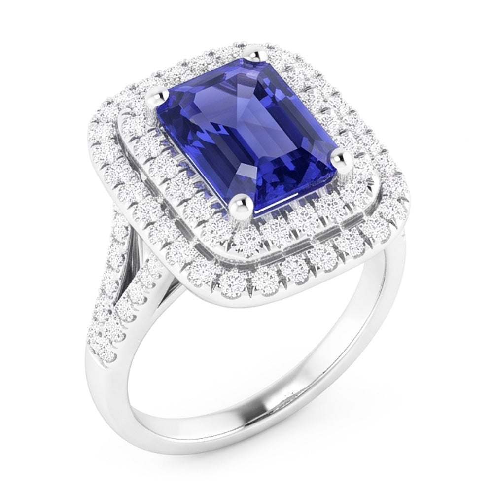 Double Halo Wedding Ring Emerald Blue Sapphire & Natural Earth Mined Diamonds 4 Carats