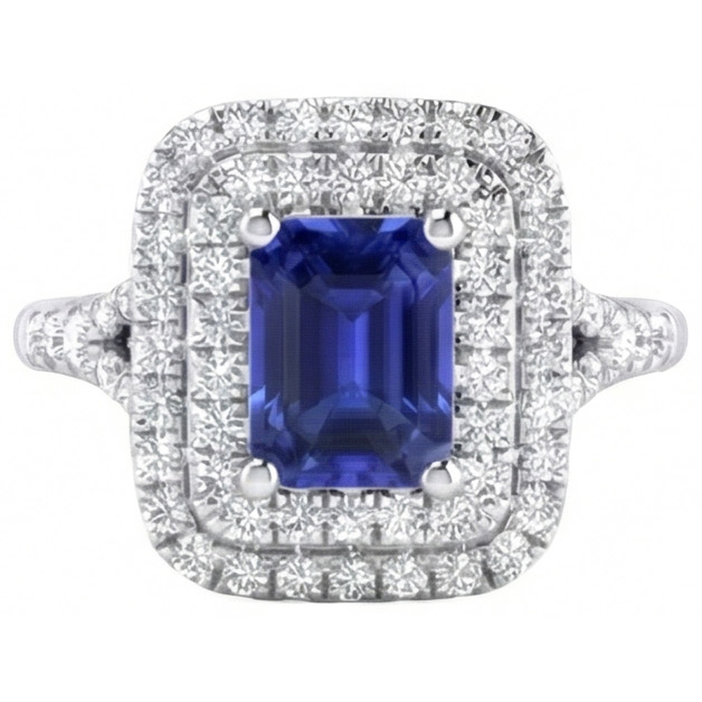 Double Halo Wedding Ring Emerald Blue Sapphire & Natural Earth Mined Diamonds 4 Carats