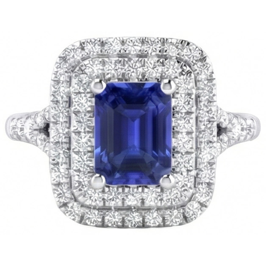 Double Halo Wedding Ring Emerald Blue Sapphire & Natural Earth Mined Diamonds 4 Carats