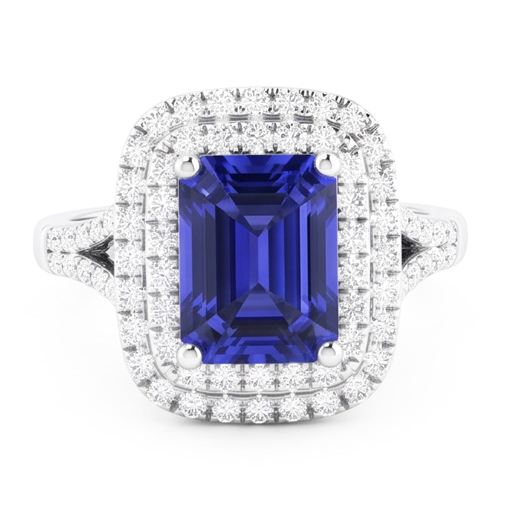 Double Halo Wedding Ring Emerald Blue Sapphire & Natural Earth Mined Diamonds 4 Carats
