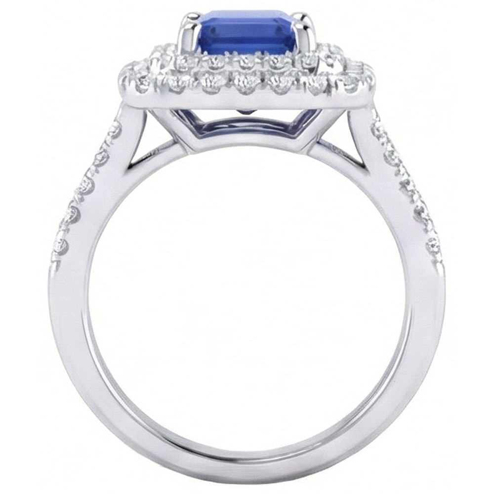 Double Halo Wedding Ring Emerald Blue Sapphire & Natural Earth Mined Diamonds 4 Carats