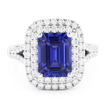 Double Halo Wedding Ring Emerald Blue Sapphire & Natural Earth Mined Diamonds 4 Carats