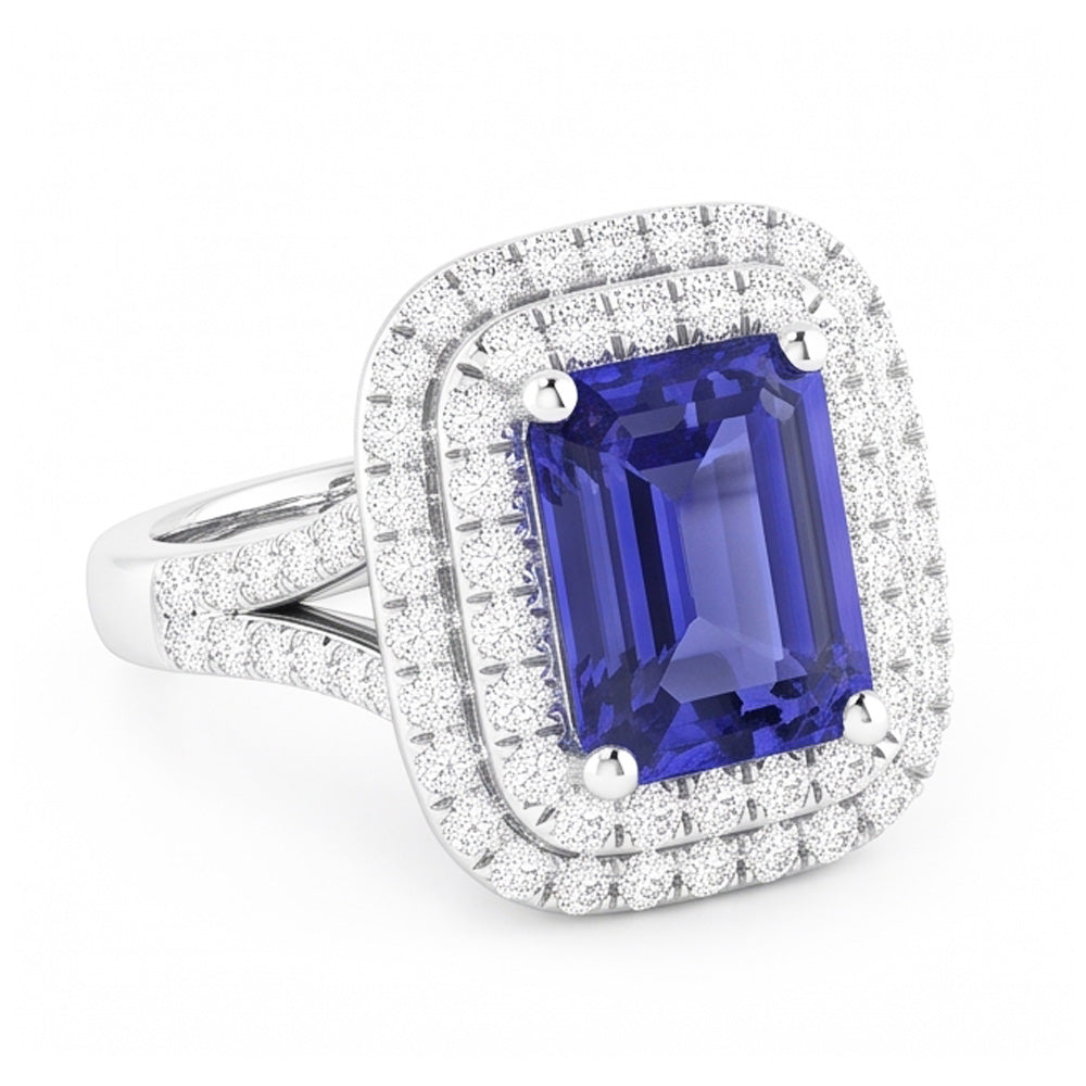 Double Halo Wedding Ring Emerald Blue Sapphire & Natural Earth Mined Diamonds 4 Carats