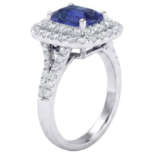Double Halo Wedding Ring Emerald Blue Sapphire & Natural Earth Mined Diamonds 4 Carats