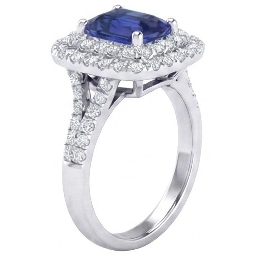 Double Halo Wedding Ring Emerald Blue Sapphire & Natural Earth Mined Diamonds 4 Carats