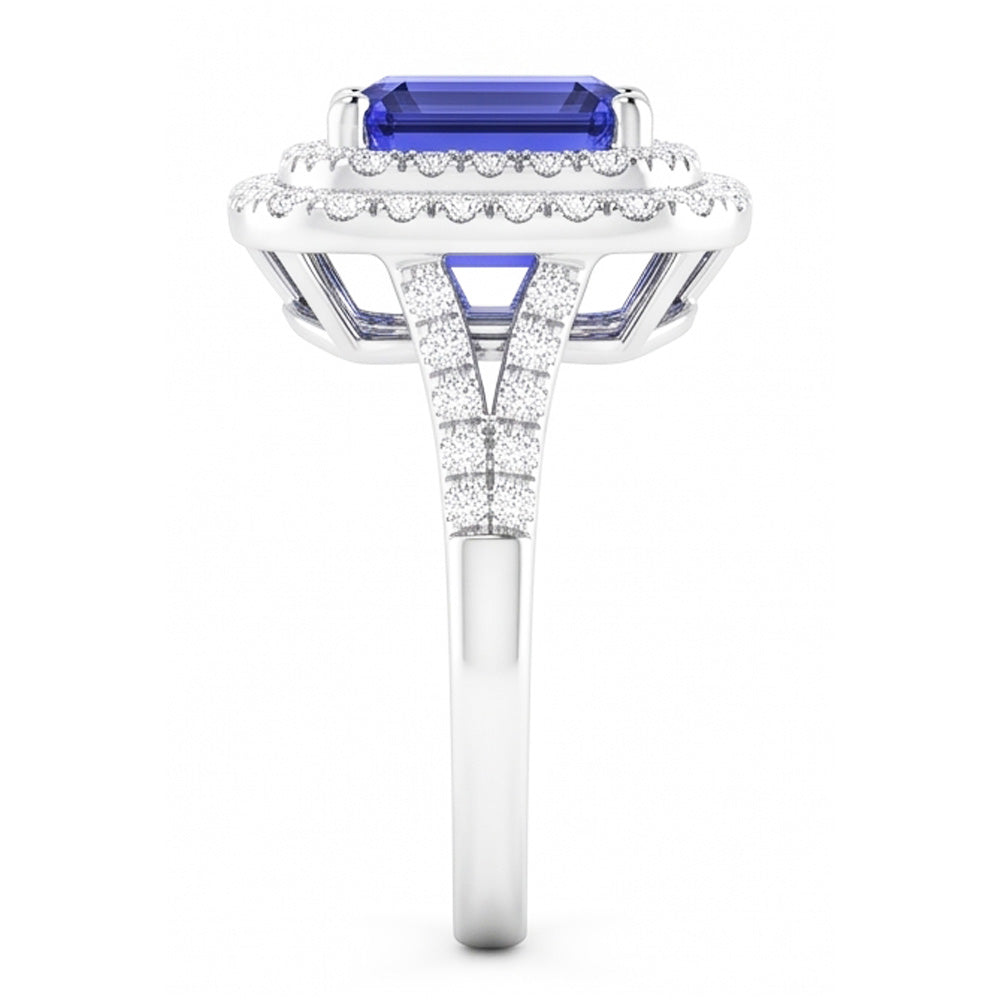 Double Halo Wedding Ring Emerald Blue Sapphire & Natural Earth Mined Diamonds 4 Carats