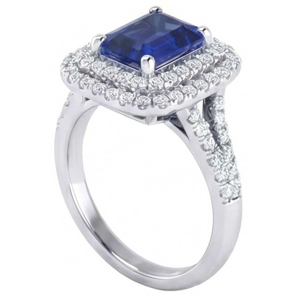 Double Halo Wedding Ring Emerald Blue Sapphire & Natural Earth Mined Diamonds 4 Carats