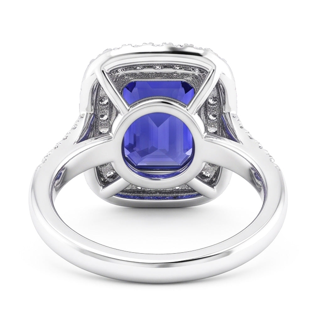 Double Halo Wedding Ring Emerald Blue Sapphire & Natural Earth Mined Diamonds 4 Carats