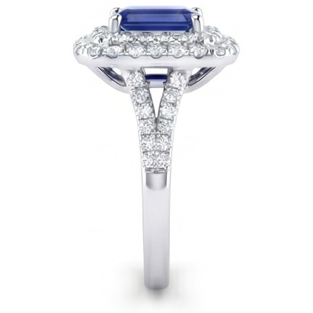 Double Halo Wedding Ring Emerald Blue Sapphire & Natural Earth Mined Diamonds 4 Carats