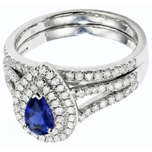Double Halo Wedding Ring Set Pear Blue Sapphire & Natural Earth Mined Diamonds 4.50 Carats