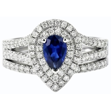 Double Halo Wedding Ring Set Pear Blue Sapphire & Natural Earth Mined Diamonds 4.50 Carats