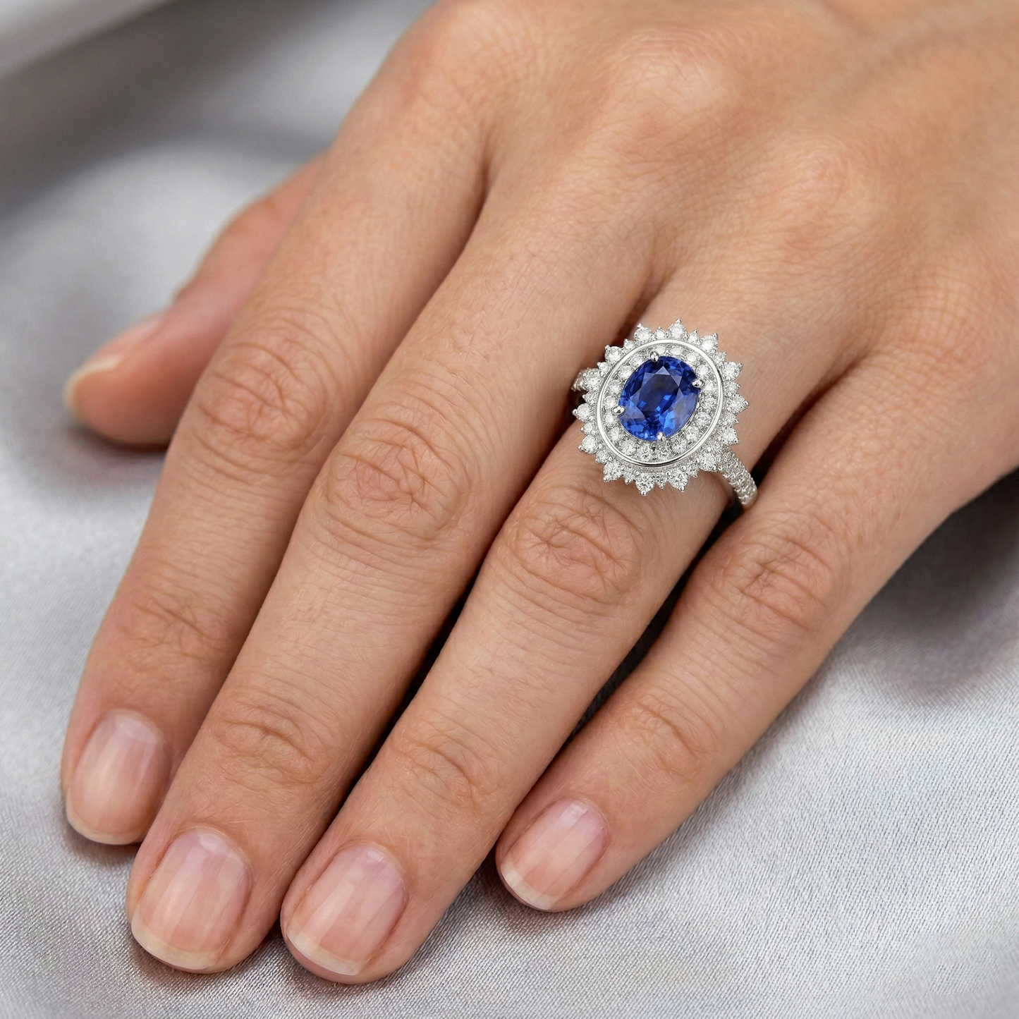 Double Halo Oval Blue Sapphire Ring Bezel Set 4 Carats Star Style
