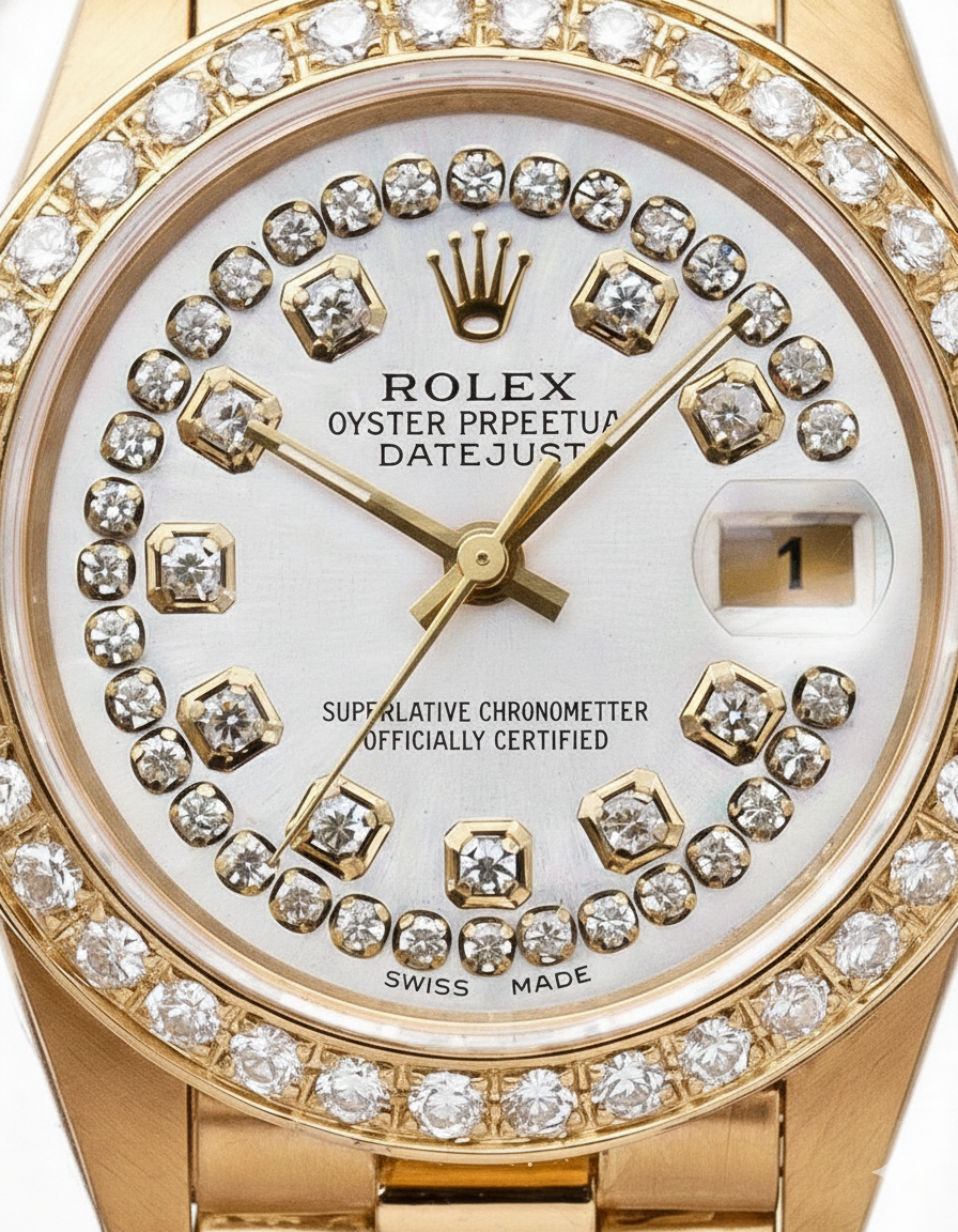 Double Row Natural Earth Mined Diamond Dial Rolex President Style Watch Bezel Gold Dj