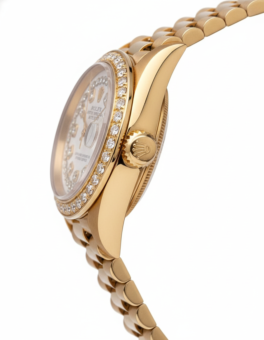 Double Row Natural Earth Mined Diamond Dial Rolex President Style Watch Bezel Gold Dj