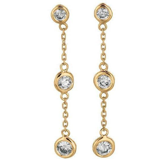 Drop Down Bezel Earrings Genuine Round Brilliant Diamond 2 Ct. Yellow Gold 14K