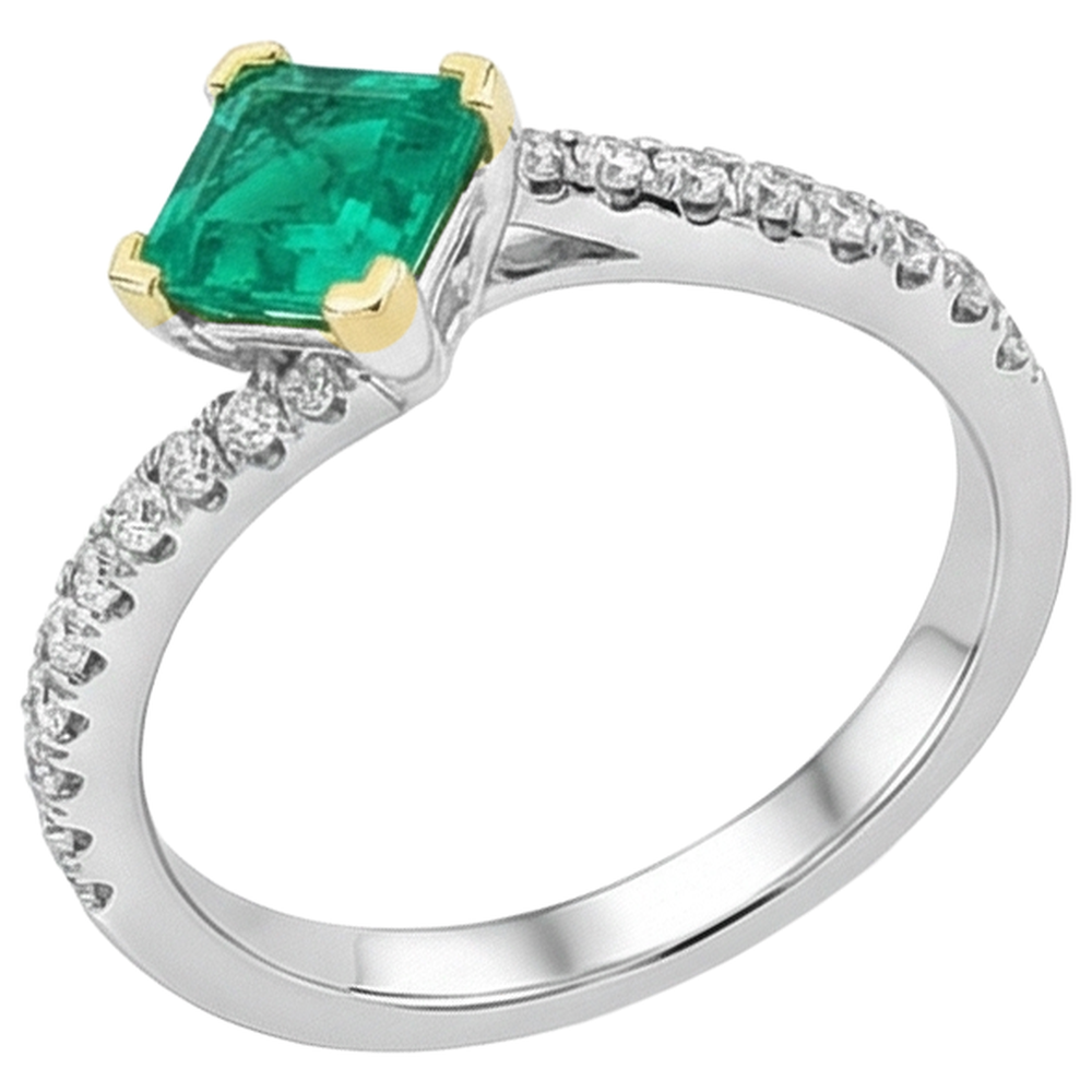 Round Cut Emerald ring in 14 Karat Two Tone Gold – profile view