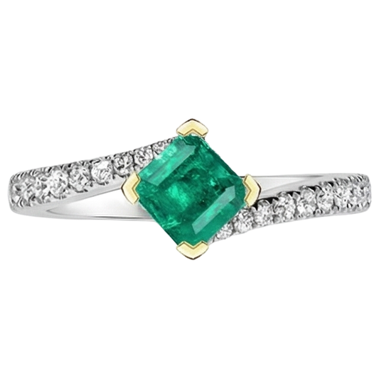 Genuine Emerald Precious Stone Ring 2 ct 14 Karat Two Tone Gold – front view