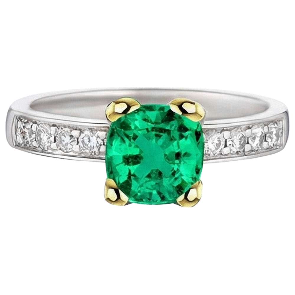 Fine Emerald Cushion Precious Stone Ring in Two-Tone 14K Gold – front view