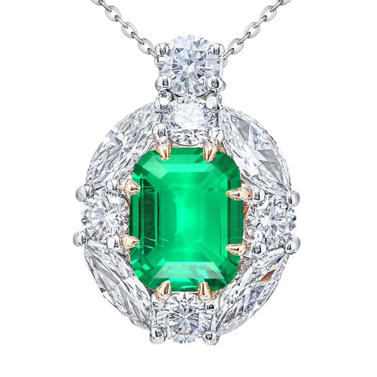 Fine Emerald Step Cut Stone Pendant Necklace in 14K Two Tone Gold – main view