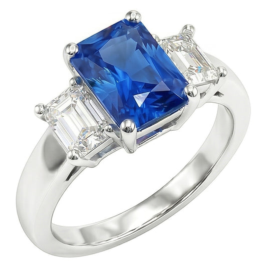 Emerald 3 Stone Natural Earth Mined Diamond Gemstone Ring 3 Carats Light Blue Sapphire