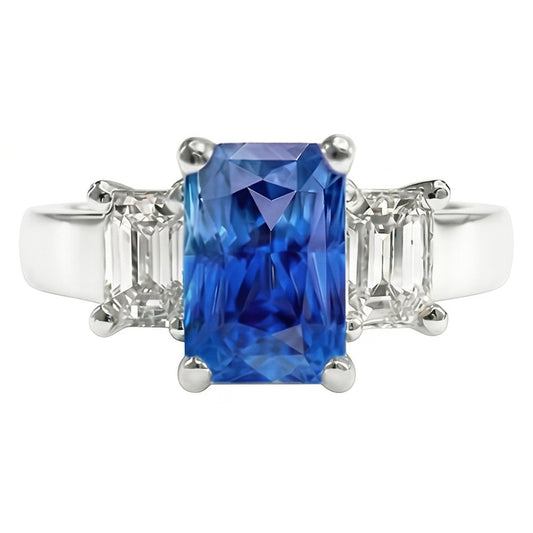 Emerald 3 Stone Natural Earth Mined Diamond Gemstone Ring 3 Carats Light Blue Sapphire