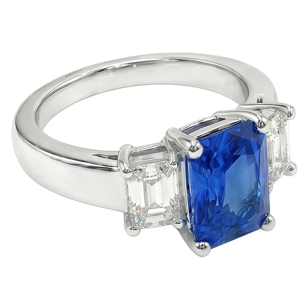 Emerald 3 Stone Natural Earth Mined Diamond Gemstone Ring 3 Carats Light Blue Sapphire