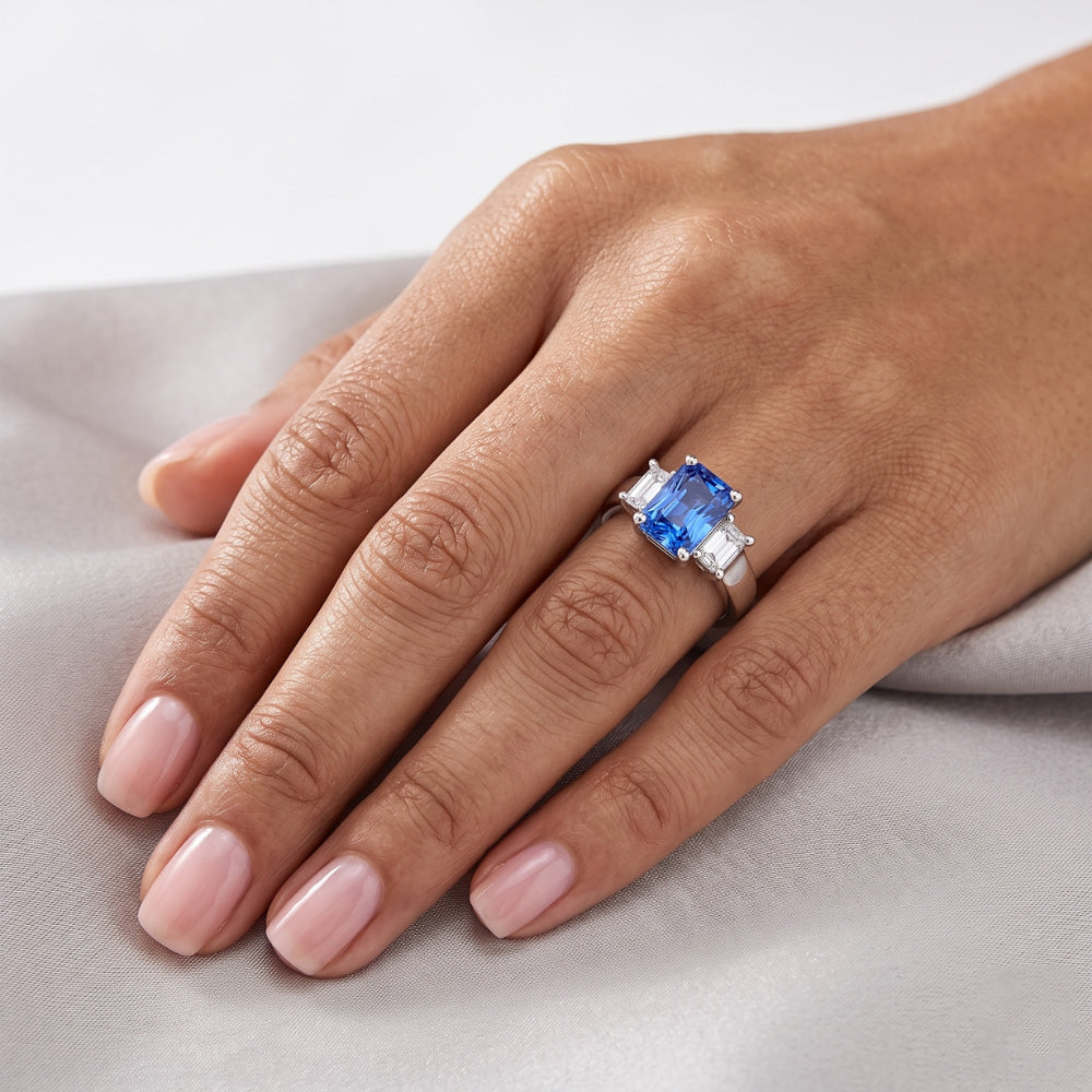Emerald 3 Stone Natural Earth Mined Diamond Gemstone Ring 3 Carats Light Blue Sapphire