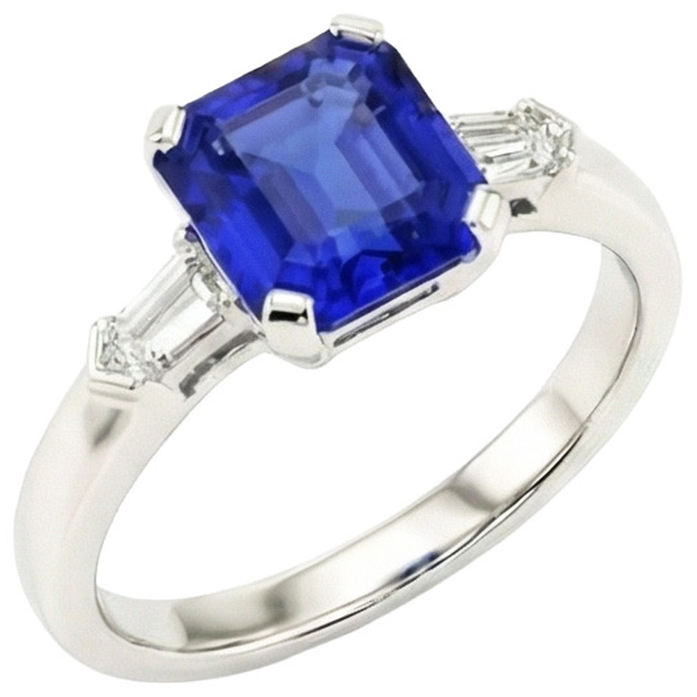 Emerald 3 Stone Natural Earth Mined Diamond Sapphire Ring 1.75 Carats Tapered Baguettes