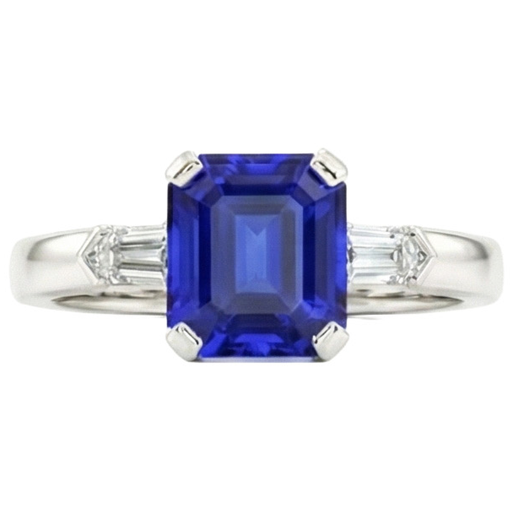 Emerald 3 Stone Natural Earth Mined Diamond Sapphire Ring 1.75 Carats Tapered Baguettes