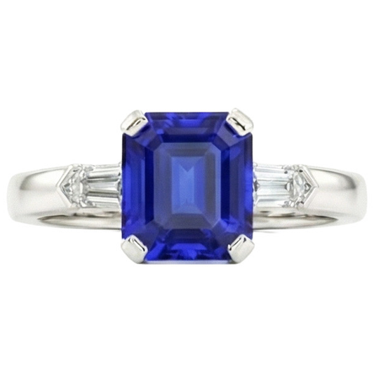Emerald 3 Stone Natural Earth Mined Diamond Sapphire Ring 1.75 Carats Tapered Baguettes