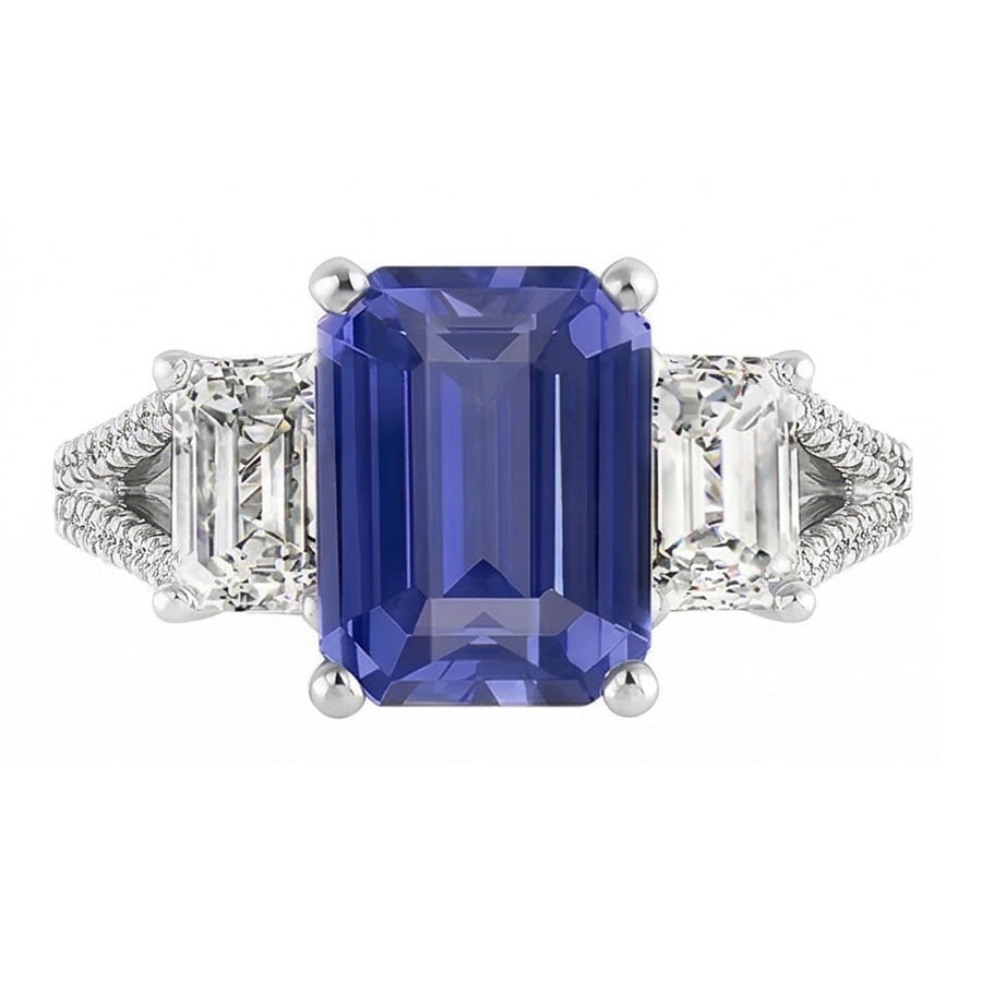 Emerald 3 Stone Sapphire Ring With Accents Split Shank 3.50 Carats