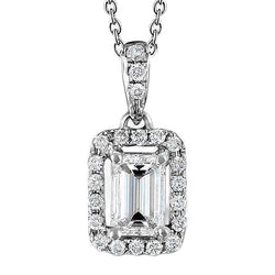 Emerald And Round Real Diamond Pendant Necklace 1.50 Carat White Gold 14K