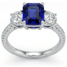 Emerald Blue Sapphire 3 Stone Style Ring With Accents 7 Ct Gold 14K