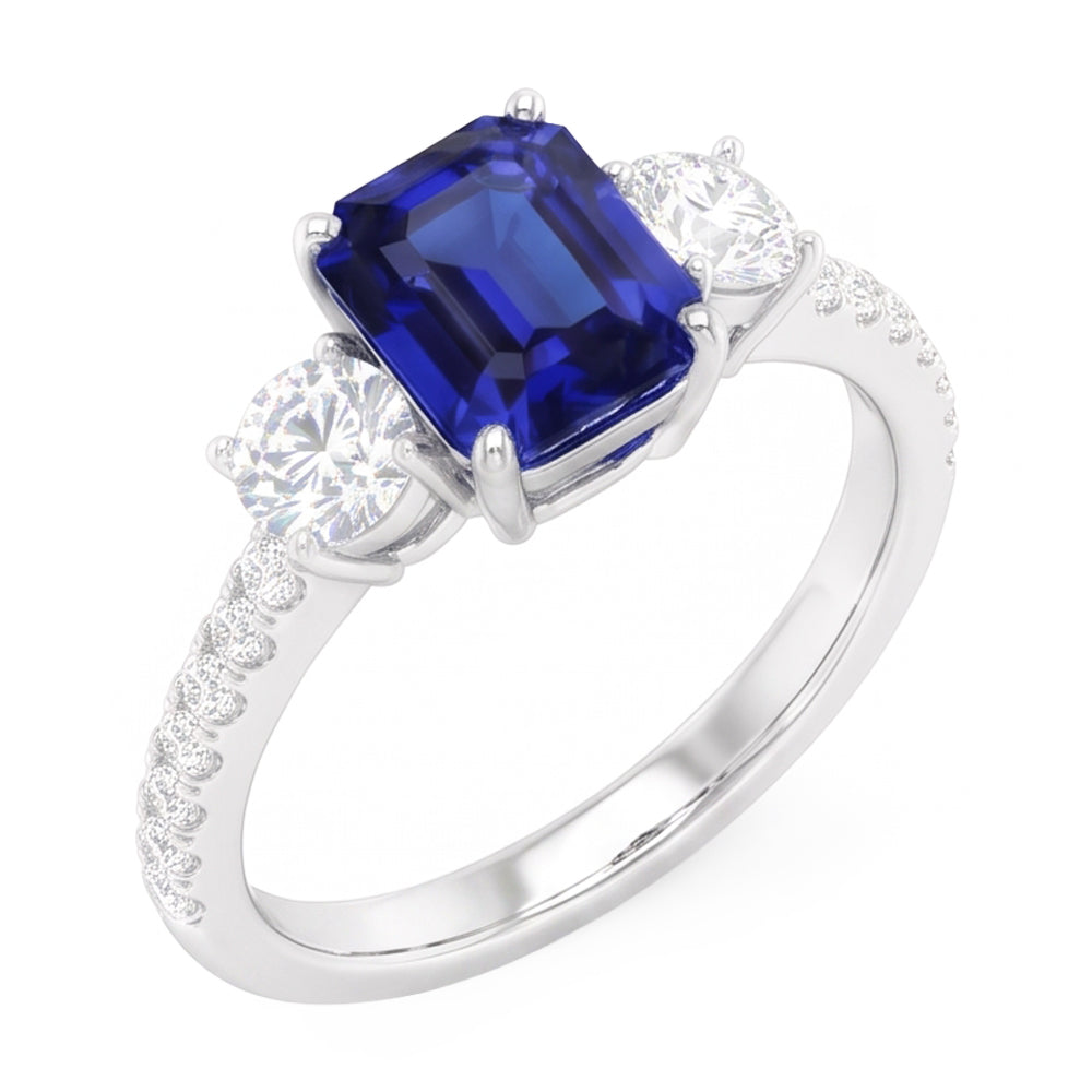 Emerald Blue Sapphire 3 Stone Style Ring With Accents 7 Ct Gold 14K