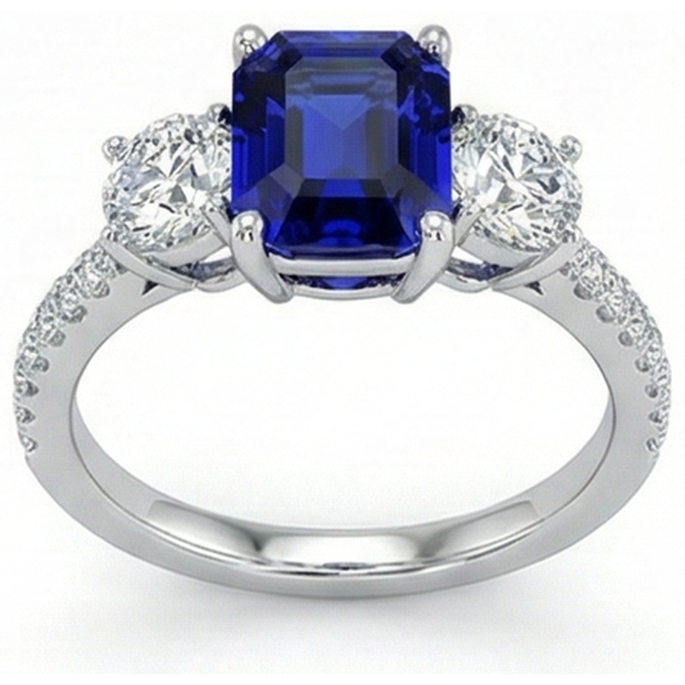 Emerald Blue Sapphire 3 Stone Style Ring With Accents 7 Ct Gold 14K