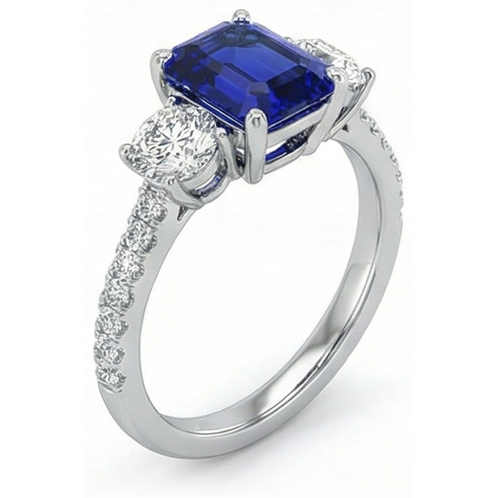 Emerald Blue Sapphire 3 Stone Style Ring With Accents 7 Ct Gold 14K