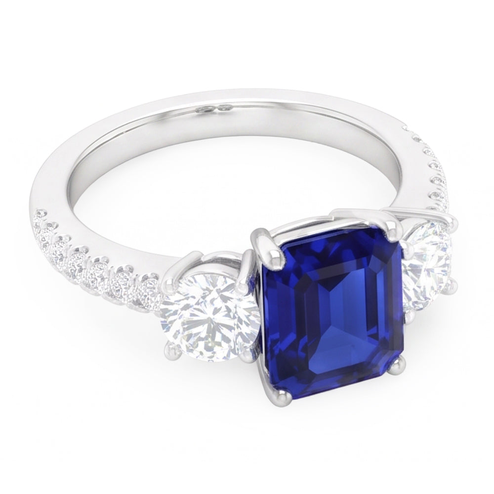 Emerald Blue Sapphire 3 Stone Style Ring With Accents 7 Ct Gold 14K