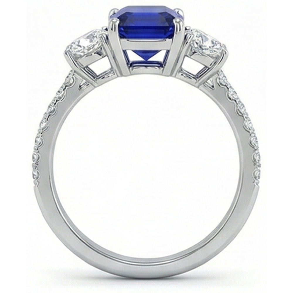 Emerald Blue Sapphire 3 Stone Style Ring With Accents 7 Ct Gold 14K