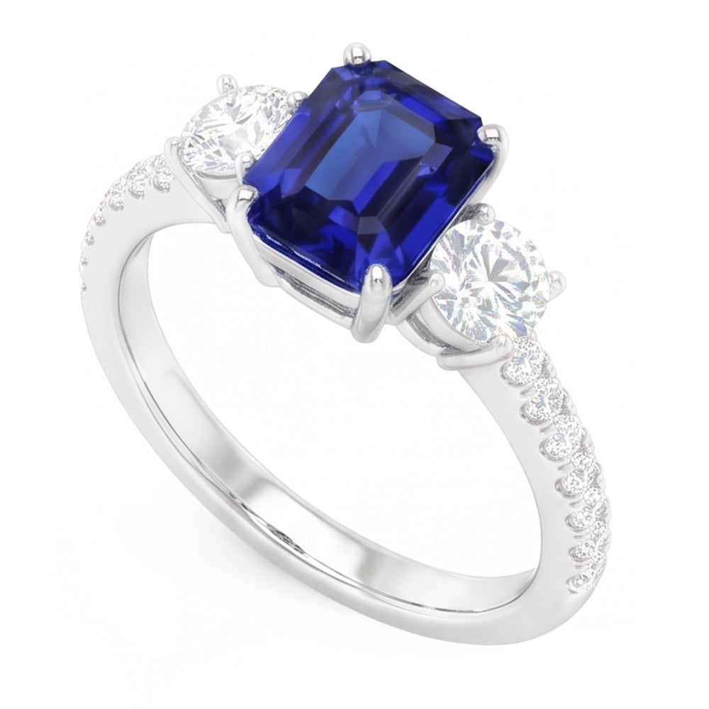 Emerald Blue Sapphire 3 Stone Style Ring With Accents 7 Ct Gold 14K