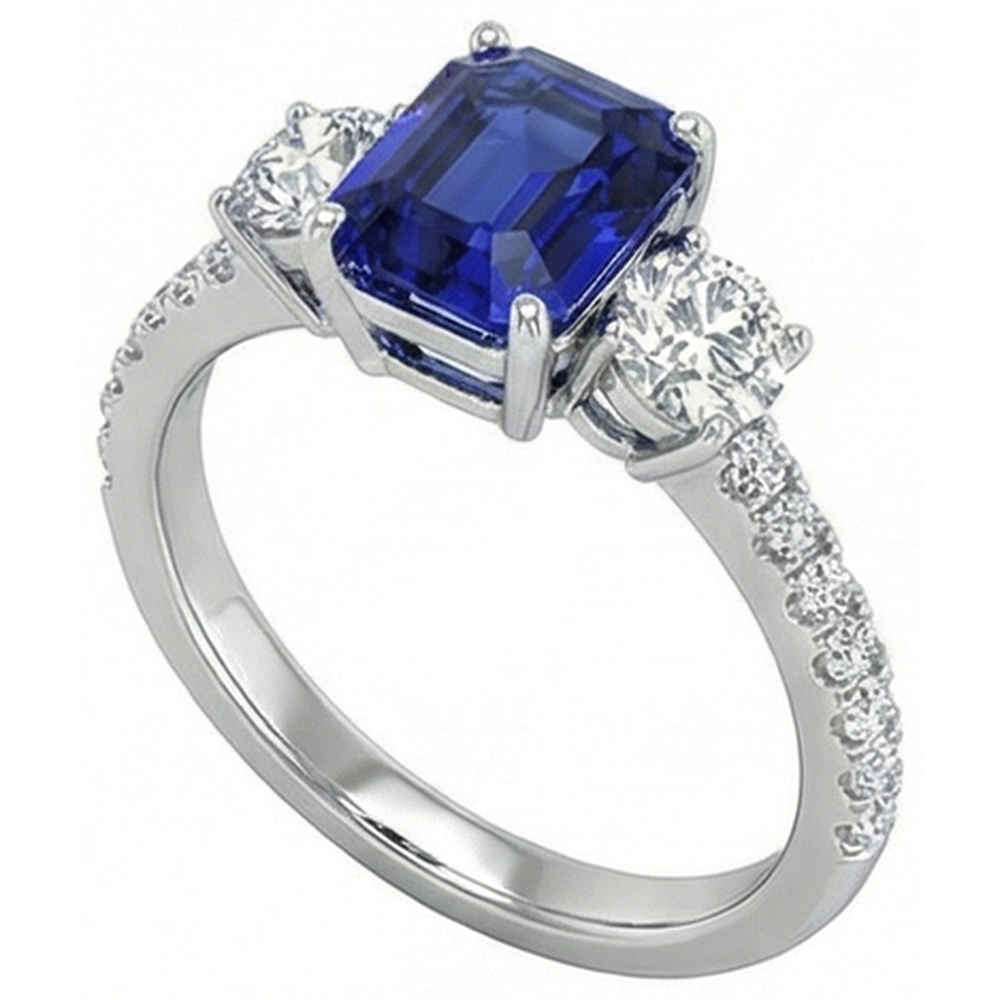 Emerald Blue Sapphire 3 Stone Style Ring With Accents 7 Ct Gold 14K