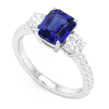 Emerald Blue Sapphire 3 Stone Style Ring With Accents 7 Ct Gold 14K