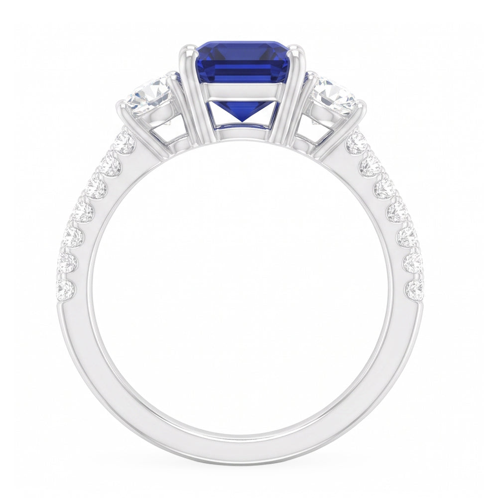 Emerald Blue Sapphire 3 Stone Style Ring With Accents 7 Ct Gold 14K