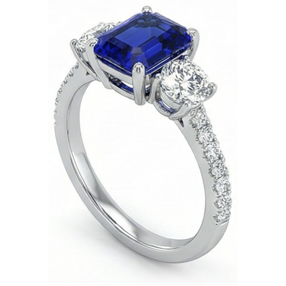 Emerald Blue Sapphire 3 Stone Style Ring With Accents 7 Ct Gold 14K