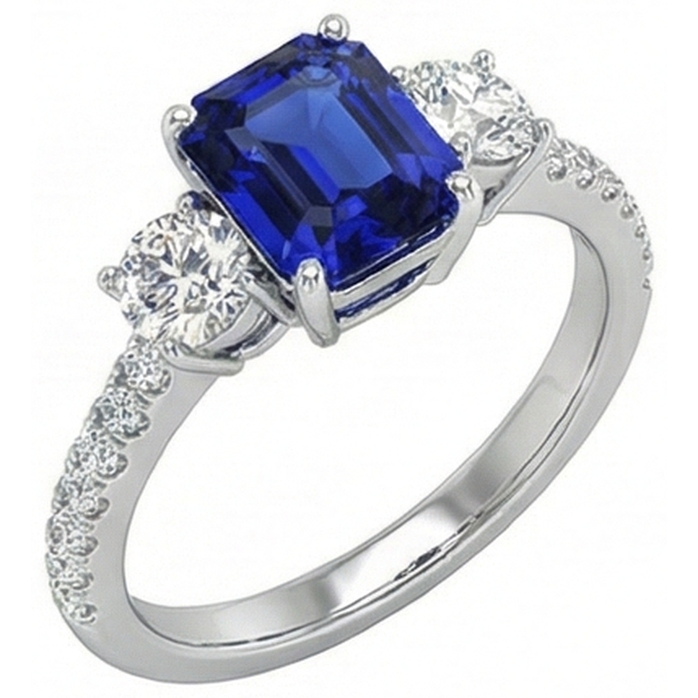 Emerald Blue Sapphire 3 Stone Style Ring With Accents 7 Ct Gold 14K